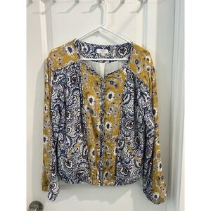 Umgee Women's Small Mustard Blue Paisley Long Sleeve Blouse Back Zip Top